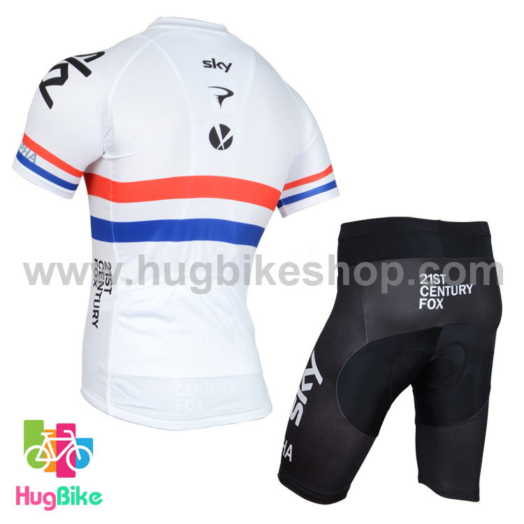 ชุดจักรยานแขนสั้นทีม Sky 16 (05) สีขาวหน้าอกแถบแดงน้ำเงิน