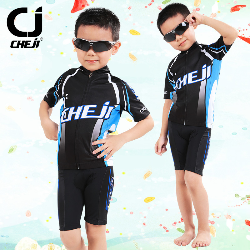 ชุดจักรยานเด็กแขนสั้นขาสั้น CheJi (01) สีดำฟ้า