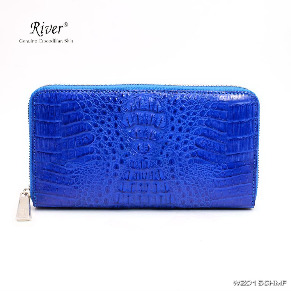 กระเป๋าสตางค์หนังจระเข้แท้ ส่วนโหนก สีน้ำเงิน ซิปเดี่ยว