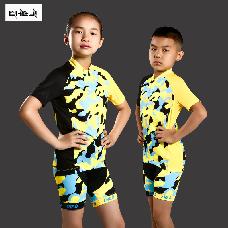 ชุดจักรยานเด็กแขนสั้นขาสั้น CheJi (17) สีดำเหลืองลายพราง