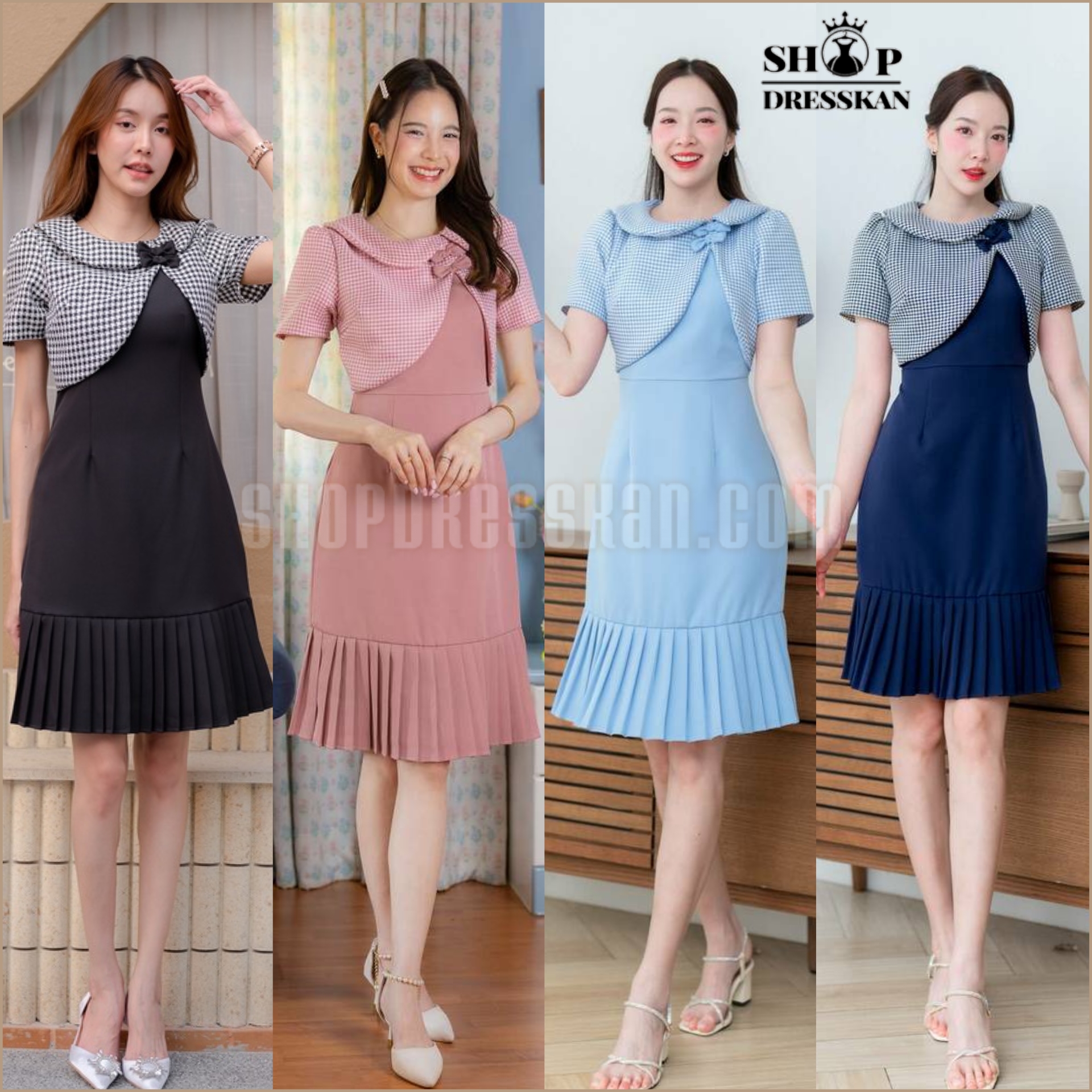 ❌หมดทุกสีทุกไซส์ค่ะ❌: ชุดเดรสแฟชั่นงานป้ายราคาถูก [ S-M-L-XL-2XL] : ชุดเดรสผ้าสีพื้น ชายระบายจีบทวิส ตัดต่อผ้าลายชิโนริสไตล์กั๊กติดโบว์ ทรงสวย ซิปซ่อนหลัง บุซับในอย่างดี ใส่สวยได้หลายโอกาส