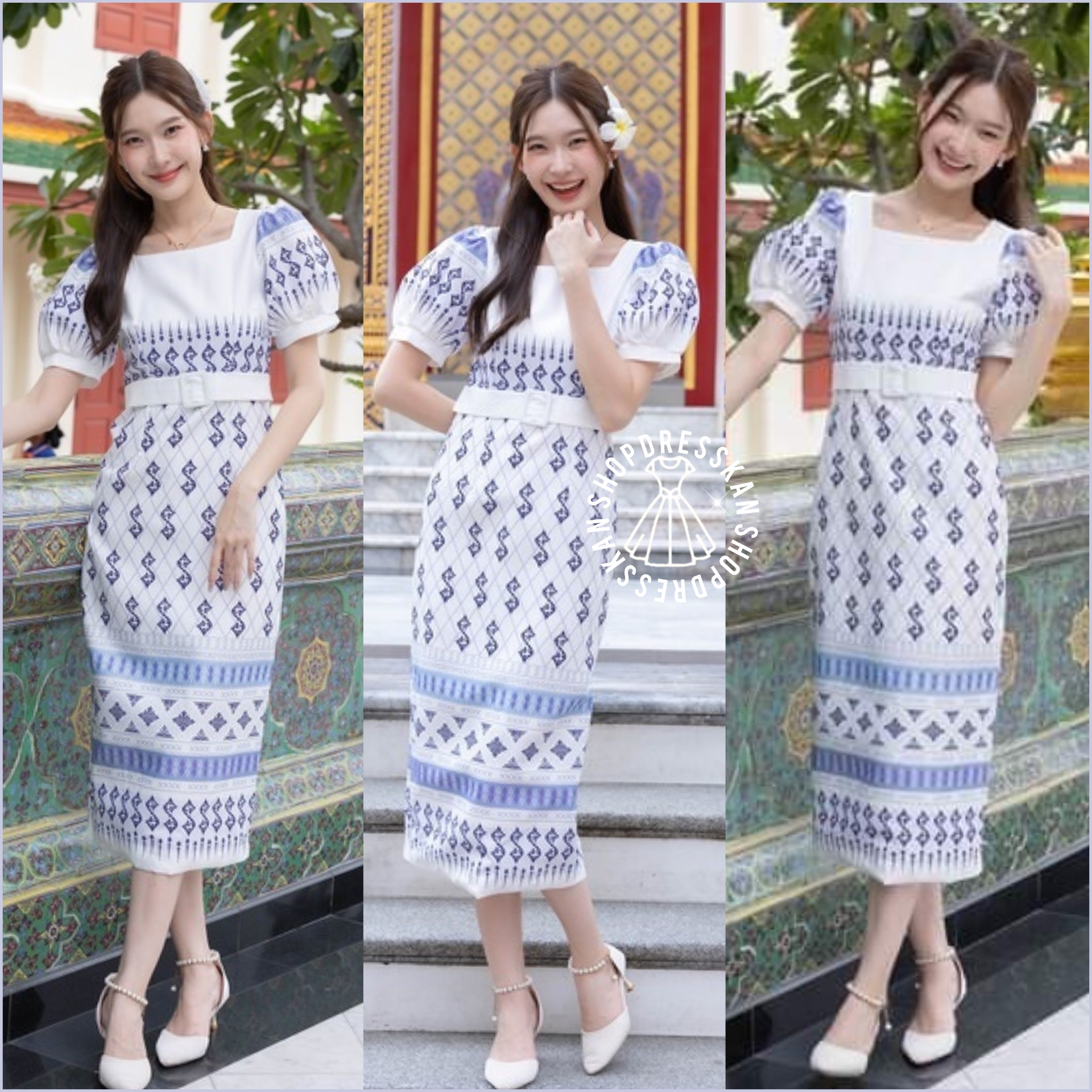 ❌หมดทุกสีทุกไซส์ค่ะ❌⭐ขุดเดรสผ้าไทยประยุกต์งานป้ายคุณภาพ [ S-M-L-XL ] :: ชุดเดรสผ้าลายไทยขอ คอเหลี่ยมแขนตุ๊กตา กระโปรงทรงยาว มาพร้อมเข็มขัดเข้าชุด ซิปซ่อนหลัง บุซับในอย่างดี ใส่สวยได้หลายโอกาส