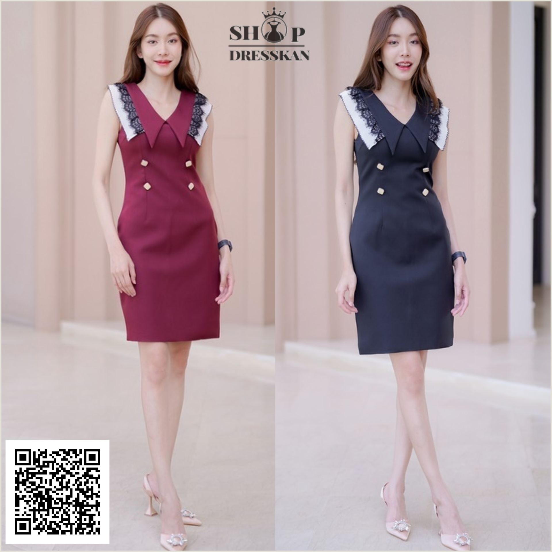 ชุดเดรสงานป้ายคุณภาพ⭐พร้อมส่ง[ S-M-L-XL] :: ชุดเดรสสั้นแขนกุด ผ้าสีพื้นคอวีปก เพิ่มดีเทลเก๋ด้วยลูกไม้และแต่งกระดุม ทรงเข้ารูปสวย ซิปซ่อนหลัง บุซับใน ผ้าเนื้อเกรดดี ใส่ออกงาน ใส่สวยได้หลายโอกาส