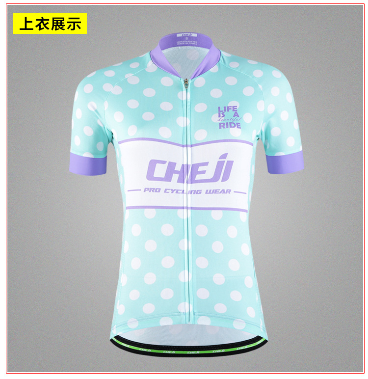 ชุดจักรยานผู้หญิงแขนสั้นขาสั้น CheJi 16 (18) สีเขียวอมฟ้าลายม่วงจุดขาว