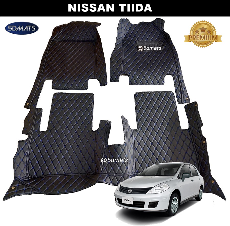 พรมปูพื้นรถยนต์6D NISSAN TIIDA พรม6D VIP 13มิล สีดำด้ายน้ำเงิน 3ชิ้น