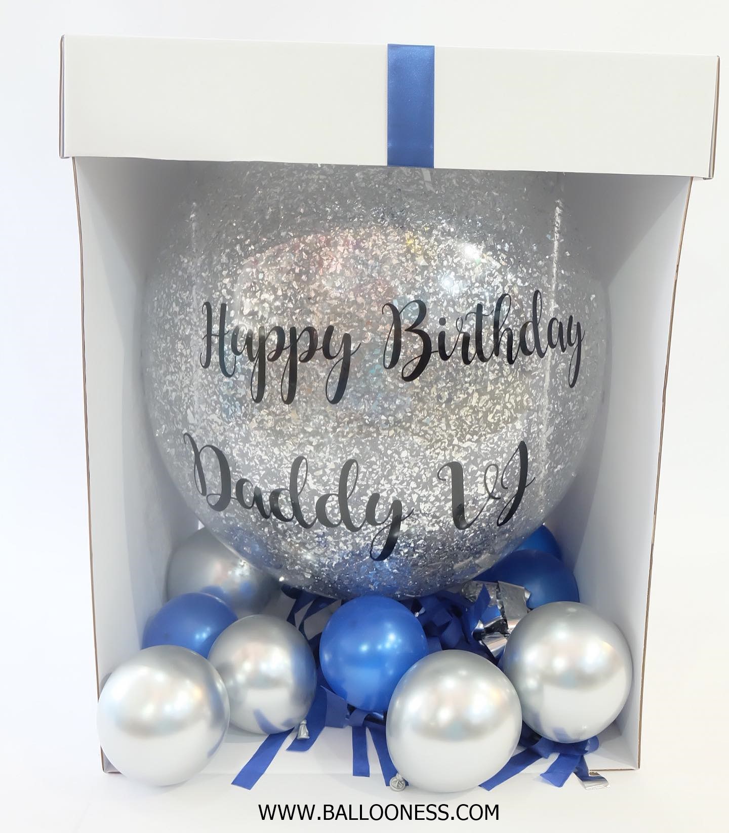 เซ็ตกล่องเซอร์ไพร์วันเกิด ขนาด 24นิ้ว โทนเงินและน้ำเงิน / Set Surprise box Happy Birthday Silver and Dark blue tones
