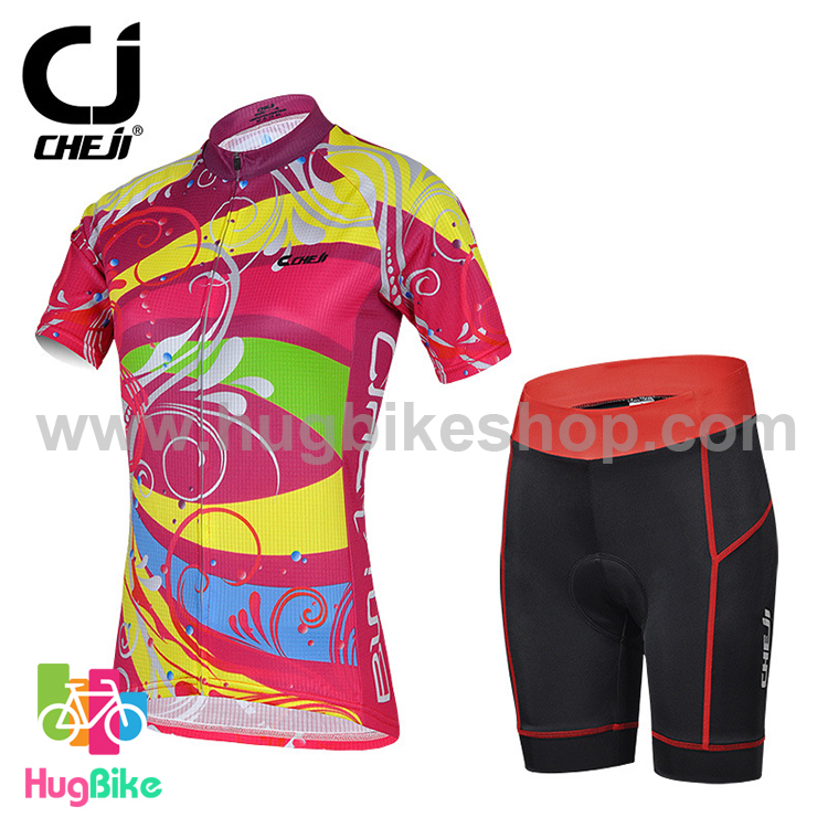 ชุดจักรยานผู้หญิงแขนสั้นขาสั้น CheJi 15 (06) สีชมพูลายเหลือง