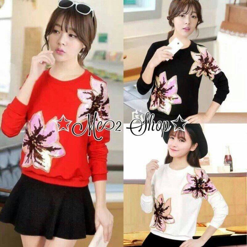 เสื้อจั้มเปอร์แขนยาวปักลายดอกวิ้งค์ๆ