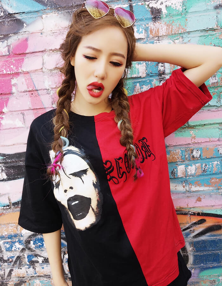 เสื้อยืดแขนสั้นคอกลม แนวเกาหลี ของคู่รัก (สีแดงสีดำต่อสู้) (สีแดงสีดำต่อสู้)