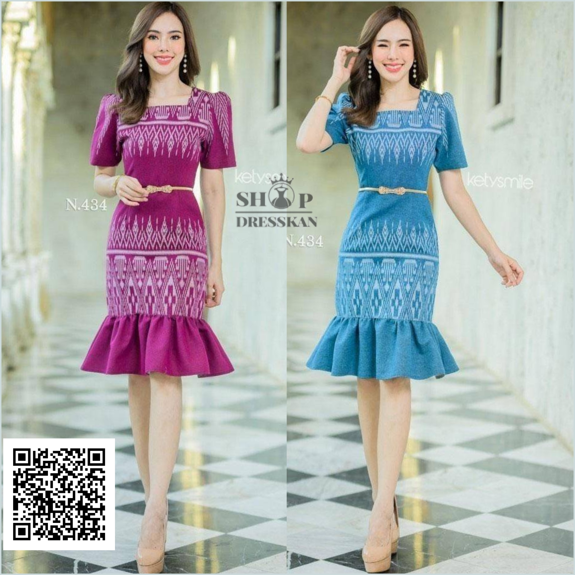 ✔️พร้อมส่ง : [ S-M-L-XL-2XL ] : ชุดเดรสผ้าฝ้ายพิมพ์ลายไทยลายใหม่สั่งทำพิเศษ ชายกระโปรงระบายทรงหางปลา ซิปซ่อนหลัง อัดกาวทั้งชุด ใส่ทำงาน ใส่ออกงานสวยๆ