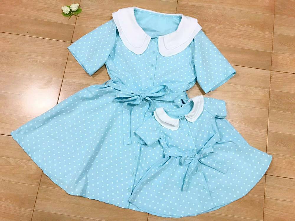 เดรสคู่แม่ลูก สีฟ้าอ่อนลายจุดสุดน่ารัก