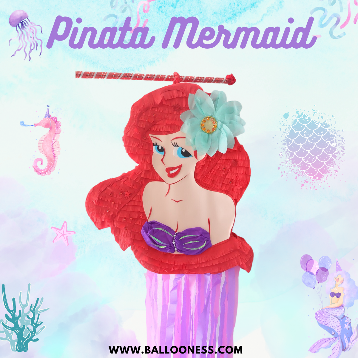 พินาต้า เจ้าหญิงแอเรียล / Pinata Ariel พร้อมไม้ตี (ไม่มีขนม)