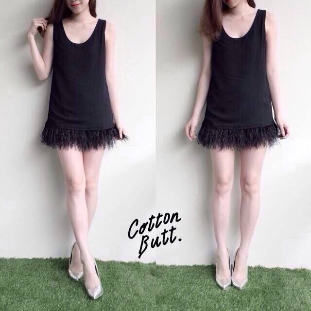 เดรสแขนกุด ชายขนนก2ชั้นอย่างดี