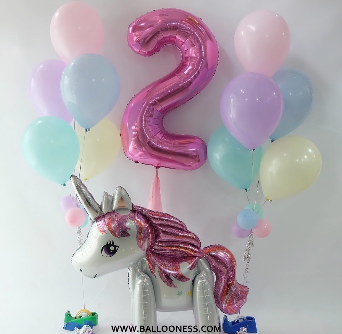 ช่อลูกโป่ง 2 ช่อ โทนพาสเทล+ม้ายูนิคอร์น1ตัว+ตัวเลขขนาด40นิ้ว / Balloon 2 bunch Pastel tones +Unicorn 1 + number 40-inch