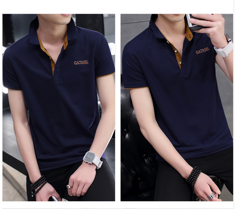 เสื้อโปโลชายเสื้อยืดสลิมหนุ่มปก (สีน้ำเงินเข้มสีส้มคอ)