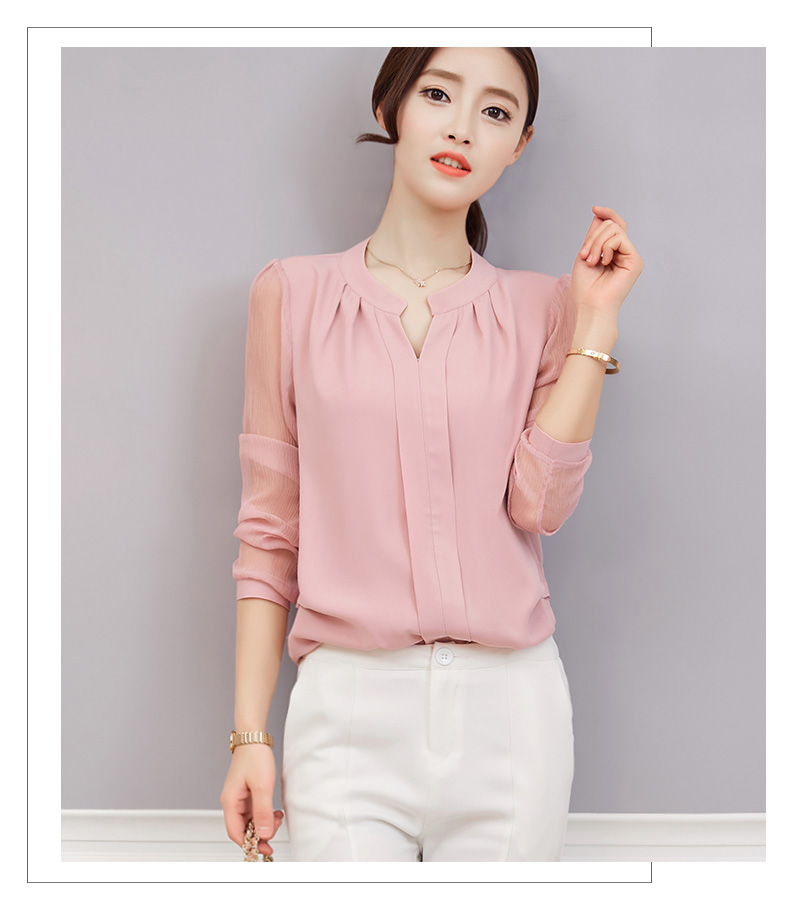เสื้อเชิ้ตผ้าชีฟอง คอวี แขนยาว สไตล์สาวเกาหลี