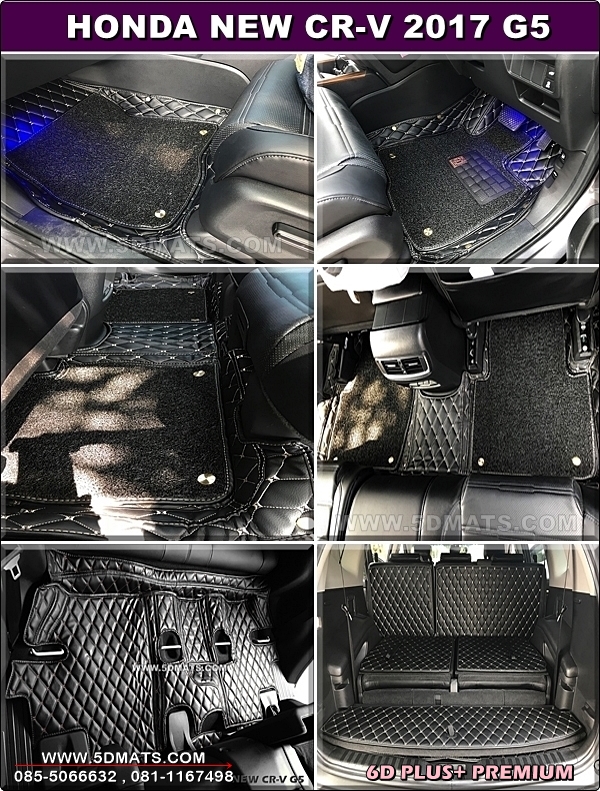 พรมปูพื้นรถยนต์ NEW CR-V 2017-2021 G5 7ที่นั่ง รุ่น 6D PLUS13มิล สีดำด้ายครีม11ชิ้น + (พรมดักฝุ่นไวนิล4ชิ้น)