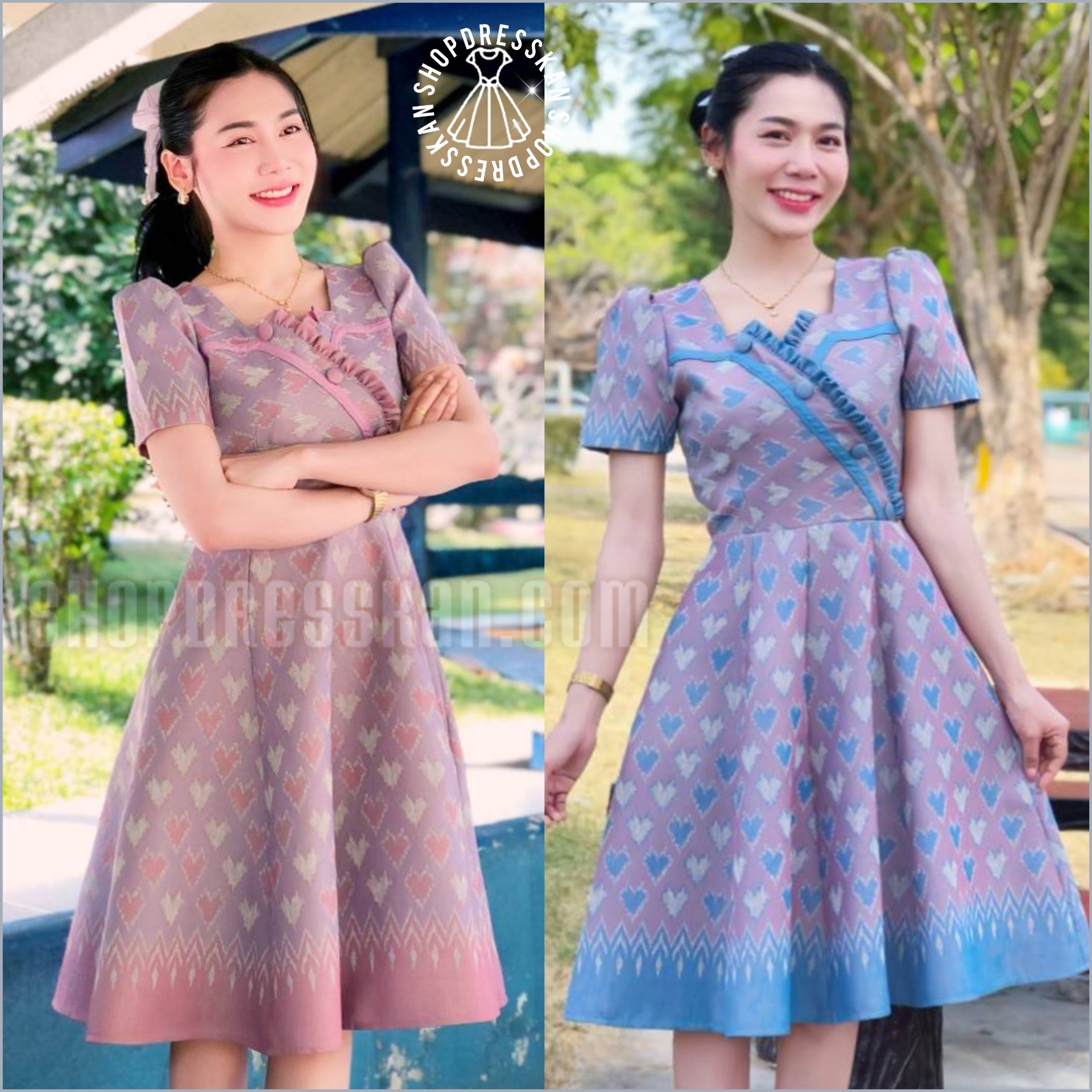 ✔️พร้อมส่ง : [ S-M-L-XL-2XL] :: ชุดเดรสผ้าทอลายไทยสลับลายหัวใจนูน ดีเทลระบายเล็กแต่งกระดุม ตัดต่อกระโปรงทรงบาน8ชิ้น ซิปซ่อนหลัง งานอัดกาวทั้งชุด ใส่สวยพรางหุ่นเรียบร้อยดูดี