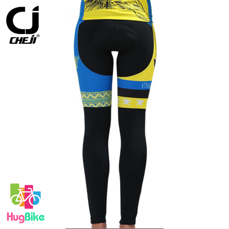 กางเกงจักรยานผู้หญิงขายาว CheJi 15 (10) สีเหลืองน้ำเงิน ลายผีเสื้อ