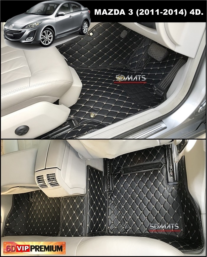 พรมปูพื้นรถยนต์6D MAZDA 3 ปี2011-2014 4ประตู รุ่น VIP สีดำด้ายครีม 3ชิ้น