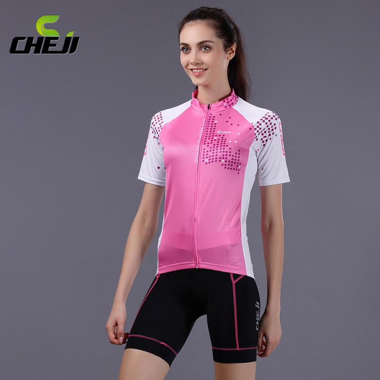 ชุดจักรยานผู้หญิงแขนสั้นขาสั้น CheJi 14 (02) สีชมพูขาว