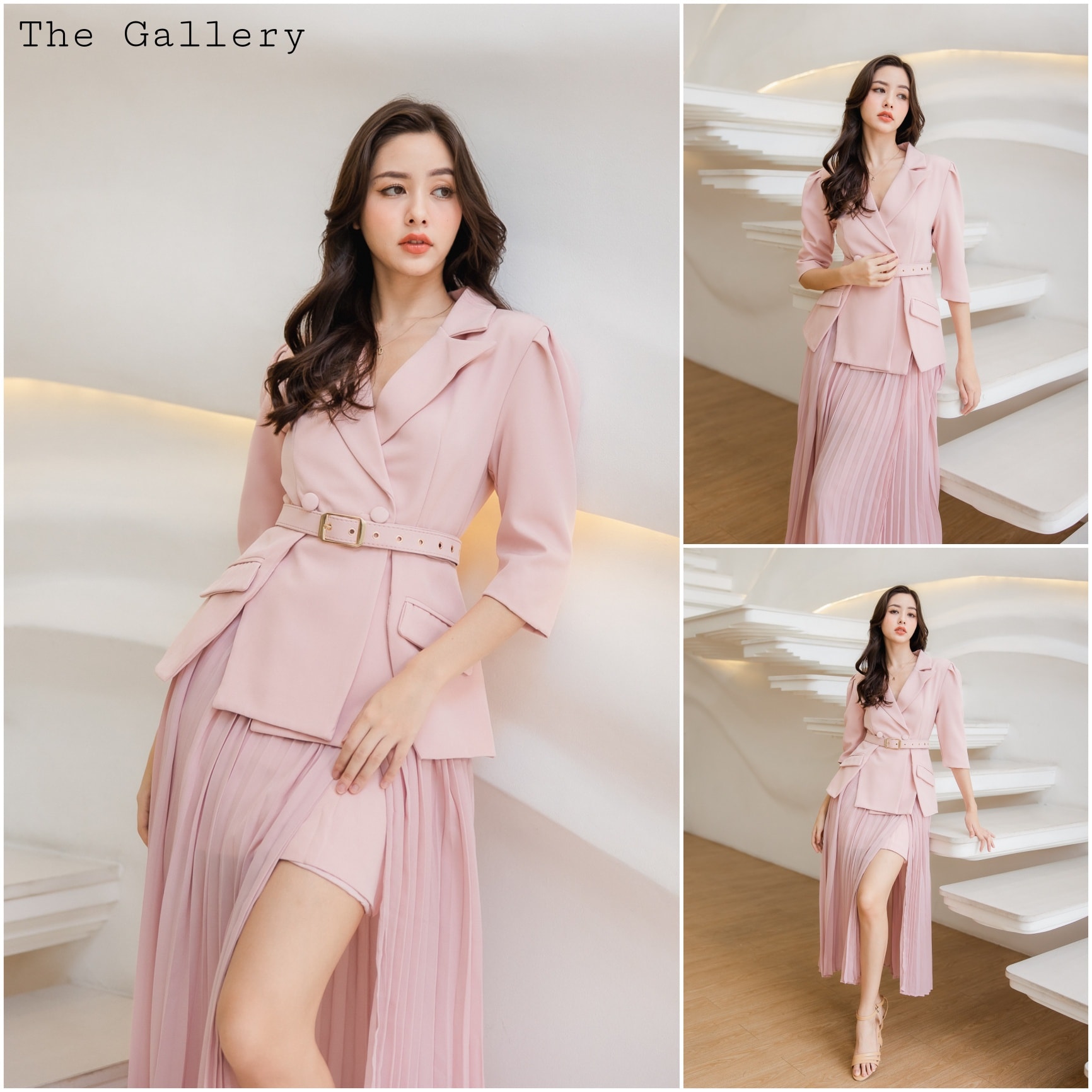 ชุดเซ็ตเสื้อสูทและกระโปรงอัดพลีตพร้อมเข็มขัดในตัว จะออกงานหรือจะแมตซ์ชุดไปทำงาน /ไปเที่ยวต่างประเทศก็ครีเอตลุคสวย