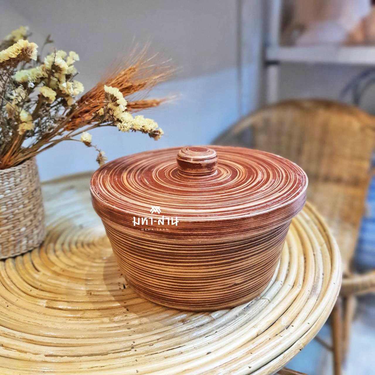 ถ้วยกลม ไผ่สาน แบบขด ฝาปิด แต่งที่พัก 🌾