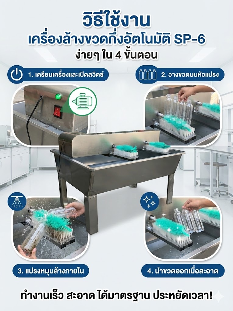 🌈15945 เครื่องทำความสะอาดขวดพลาสติก ขวดแก้ว กึ่งอัตโนมัติ รุ่น SP-6