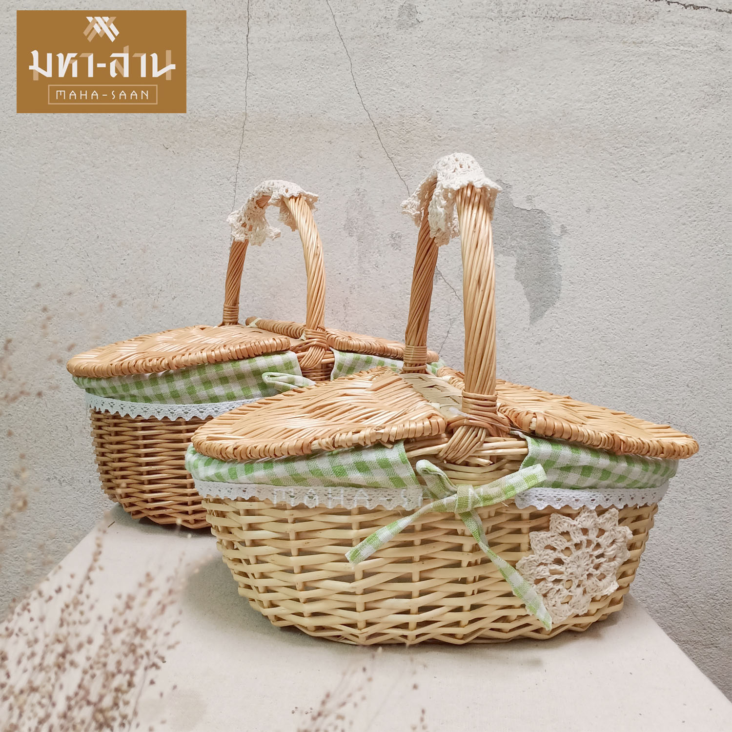ตะกร้าหวาย ปิคนิค ฝาปิด กระเช้าของขวัญ พร็อพถ่ายรูป