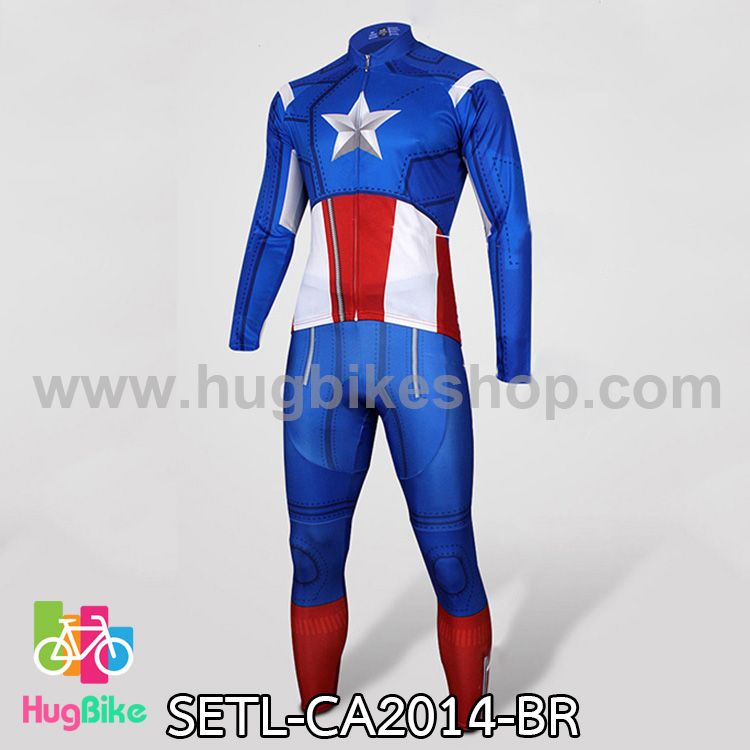 ชุดจักรยานแขนยาว Captain America 14 สีน้ำเงินขาวแดง