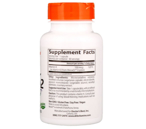 Doctor's Best, MK-7, Featuring MenaQ7 Natural Vitamin K2, 100 mcg, 60 Veggie Caps