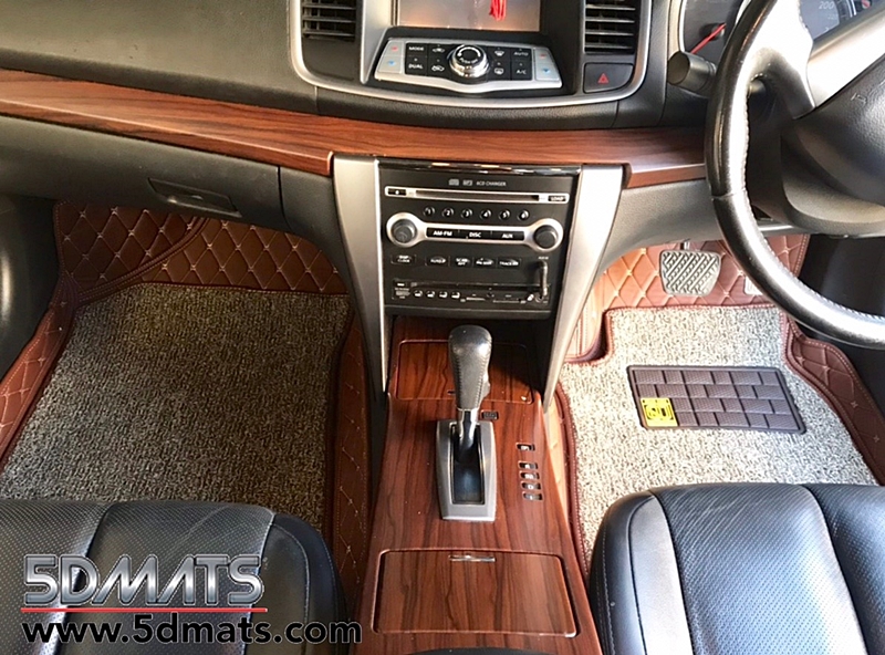 พรมปูพื้นรถยนต์6D PLUS+ TEANA ปี2009-2013 J32 หนังสีน้ำตาลด้ายครีม+เสริมใยดักฝุ่น เต็มคัน