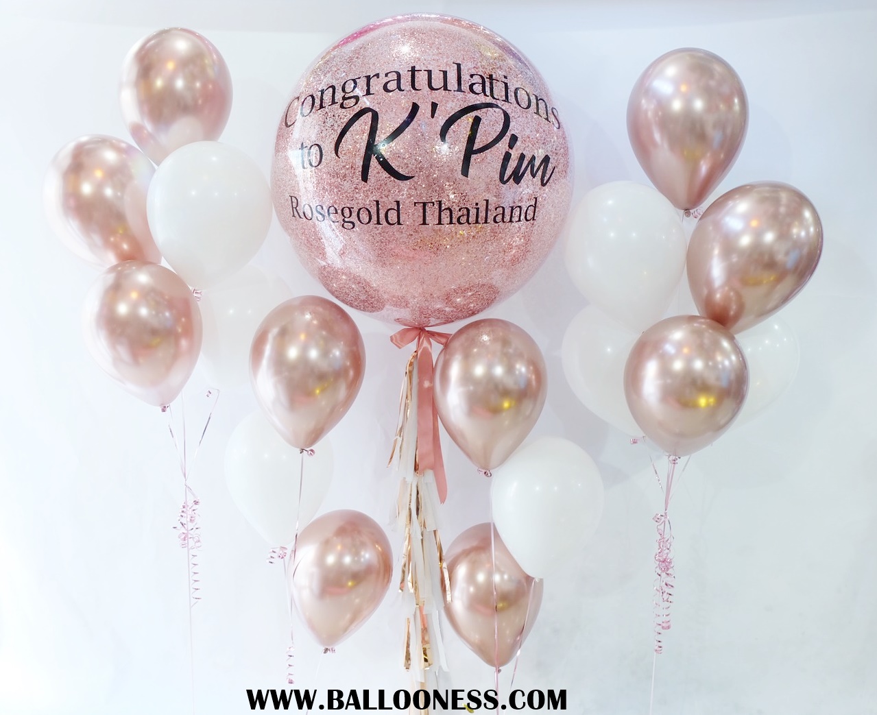 เซทลูกโป่งแสดงความยินดีขนาด36นิ้ว+ช่อโทนขาว-โรสโกล(พร้อมสกรีนข้อความ)