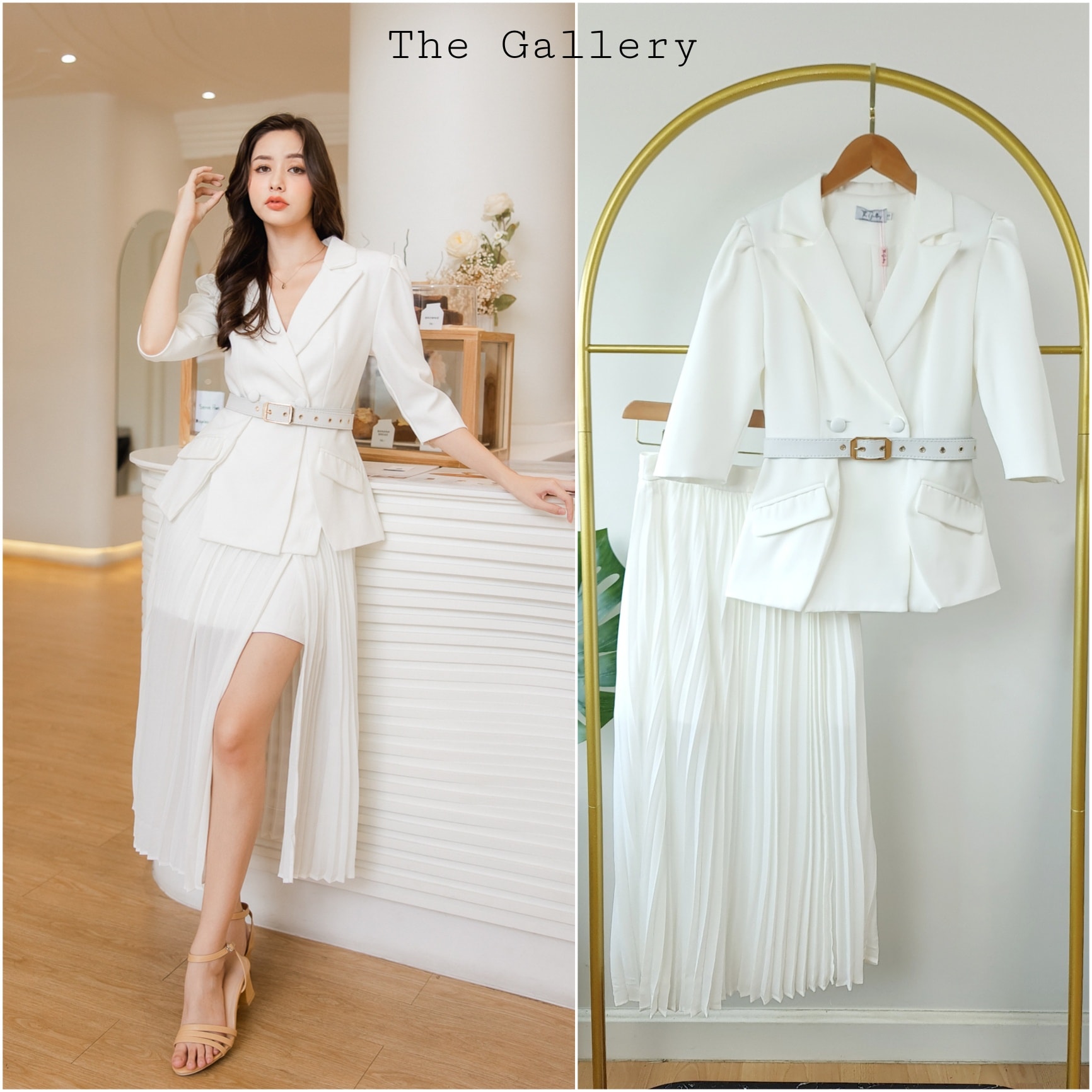 ชุดเซ็ตเสื้อสูทและกระโปรงอัดพลีตพร้อมเข็มขัดในตัว จะออกงานหรือจะแมตซ์ชุดไปทำงาน /ไปเที่ยวต่างประเทศก็ครีเอตลุคสวย