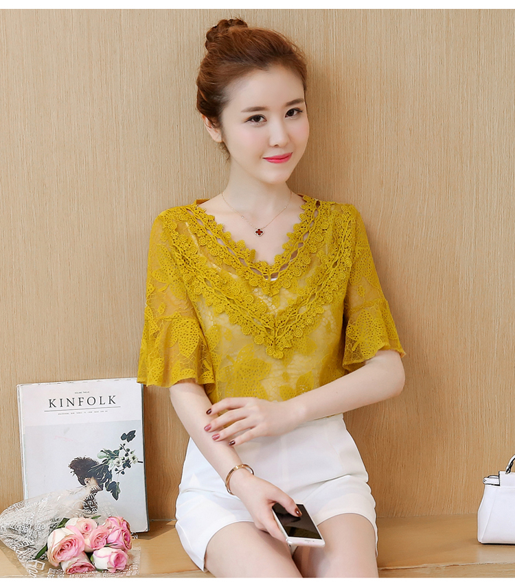 เสื้อเกาหลีเสื้อลูกไม้ชีฟองหญิงแขนสั้น (สีเหลือง)