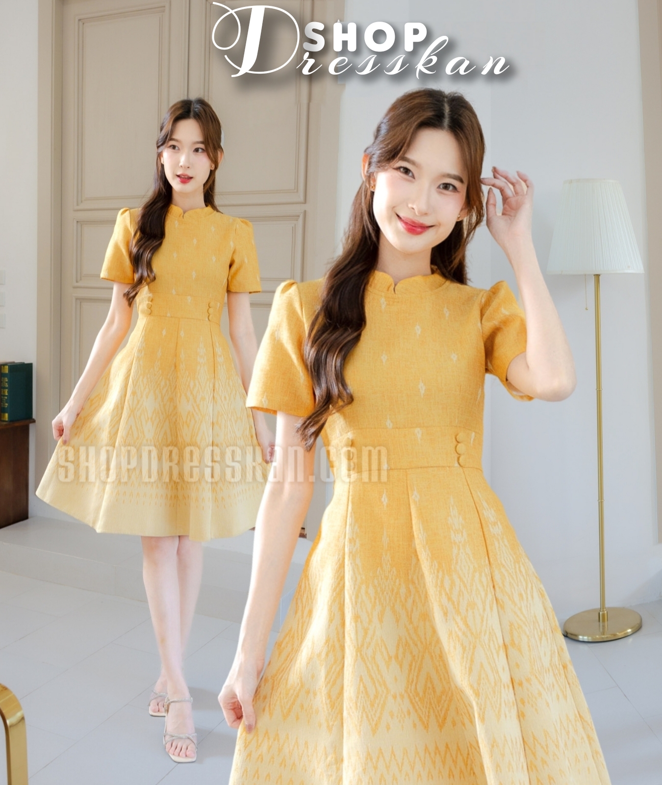 ❌หมดทุกไซส์ค่ะ❌⭐ชุดเดรสผ้าไทยงานป้ายคุณภาพ [ S-M-L-XL-2XL] : ชุดเดรสผ้าลายไทยมัดหมี่ ดีเทลเก๋แต่งกระดุมช่วงเอว กระโปรงทรงบานสวย ซิปซ่อนหลัง ใส่ทำงาน ใส่ออกงานสวยๆ