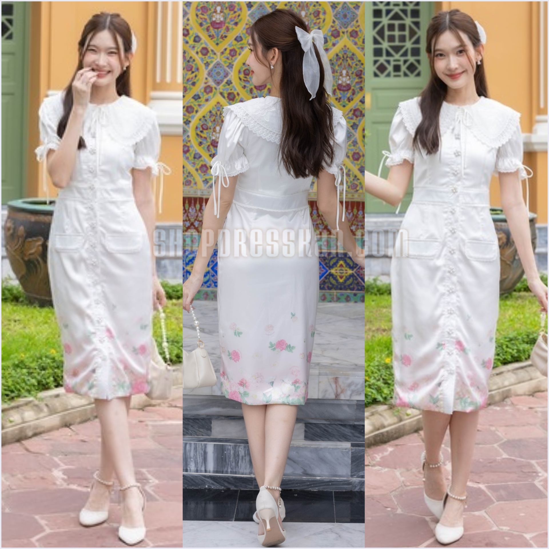❌หมดทุกไซส์ค่ะ❌ชุดเดรสแฟชั่นยาวงานป้ายคุณภาพ⭐[ S-M-L-XL-2XL] ::ชุดเดรสยาวผ้าไหมญี่ปุ่นเนื้อเงาเขิงดอกไม้ ดีเทลคอปกลูกไม้ แขนจั้มระบายผูกโบว์ กระดุมดอกไม้แถสหน้าใช้งานได้จริง บุซับใน ผ้าเนื้อเกรดดี สวมใส่สบาย ใส่ออกงานสวยๆ
