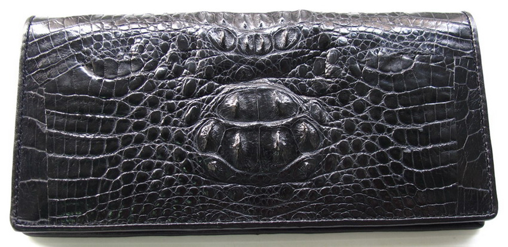 กระเป๋าสตางค์หนังจระเข้แท้ 2พับยาว ส่วนโหนก สีดำ