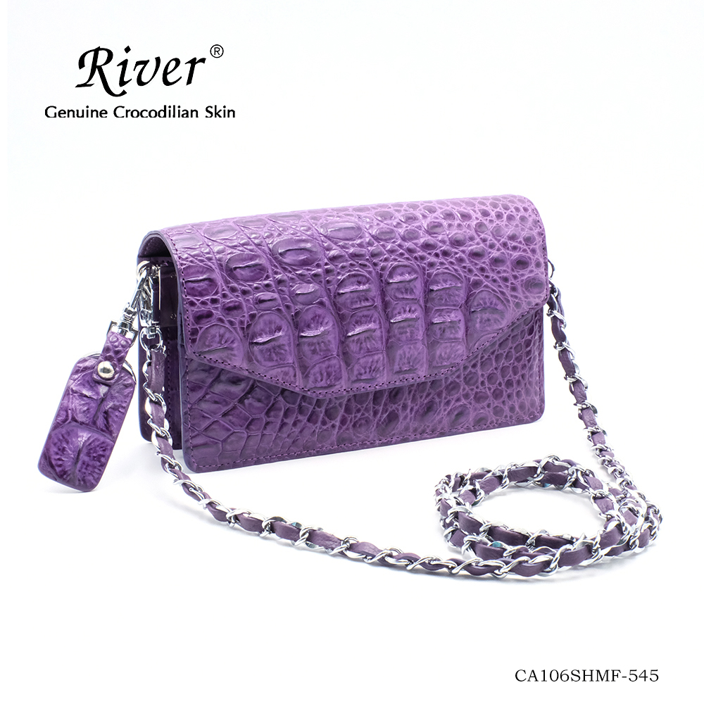 กระเป๋าหนังจระเข้แท้ ส่วนกระดูก มีสะพายข้าง สีม่วง
