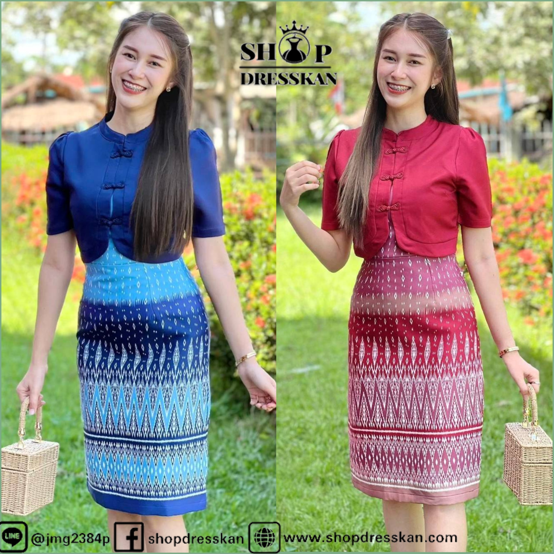 ❌หมดทุกสีทุกไซส์ค่ะ❌: [ S-M-L-XL-2XL ] :: ชุดเดรสผ้าเปเป้พิมพ์ลายไทย ตัดแต่งกั๊กสีพื้น ทรงคอจีนแต่งกุ้นกระดุมจีนแกะได้ ทรงสวย ซิปซ่อนหลัง บุซับในพร้อมอัดกาวทั้งชุด เนื้อผ้าดีสวมใส่สบาย ใส่สวยได้ทุกโอกาส