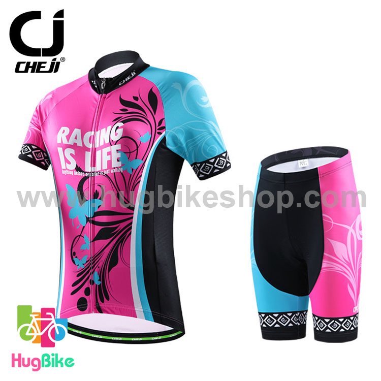 ชุดจักรยานผู้หญิงแขนสั้นขาสั้น CheJi 16 (02) สีชมพูฟ้าดำ ลายผีเสื้อ Recing is life