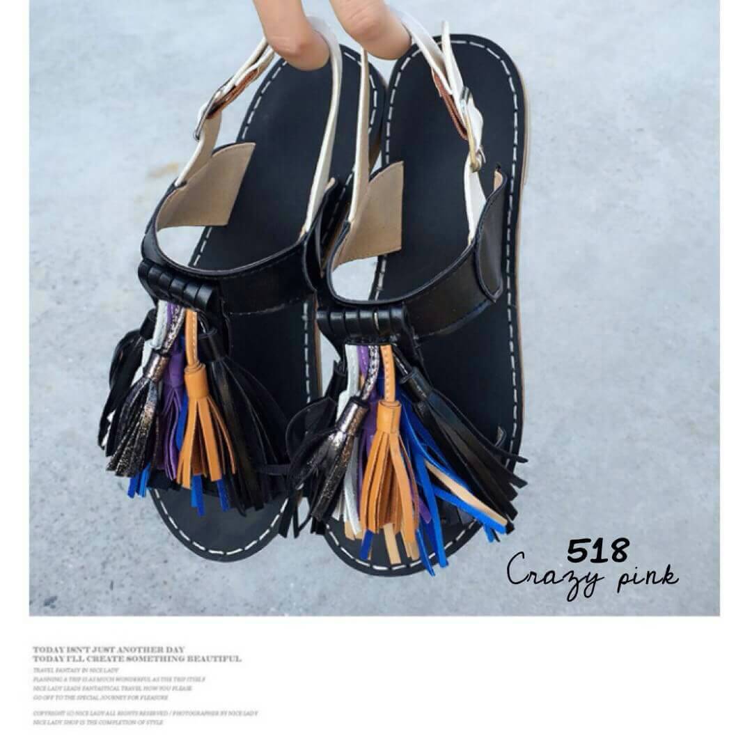 รองเท้าแตะสินค้านำเข้า หนังpu แต่งพู่มีสายรัดข้อ