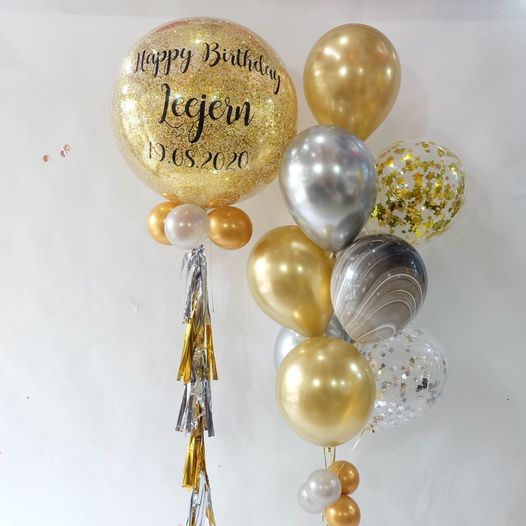 ช่อลูกโป่งวันเกิด Birthday Chrome Silver&Gold Mixed with Marble Balloon Set