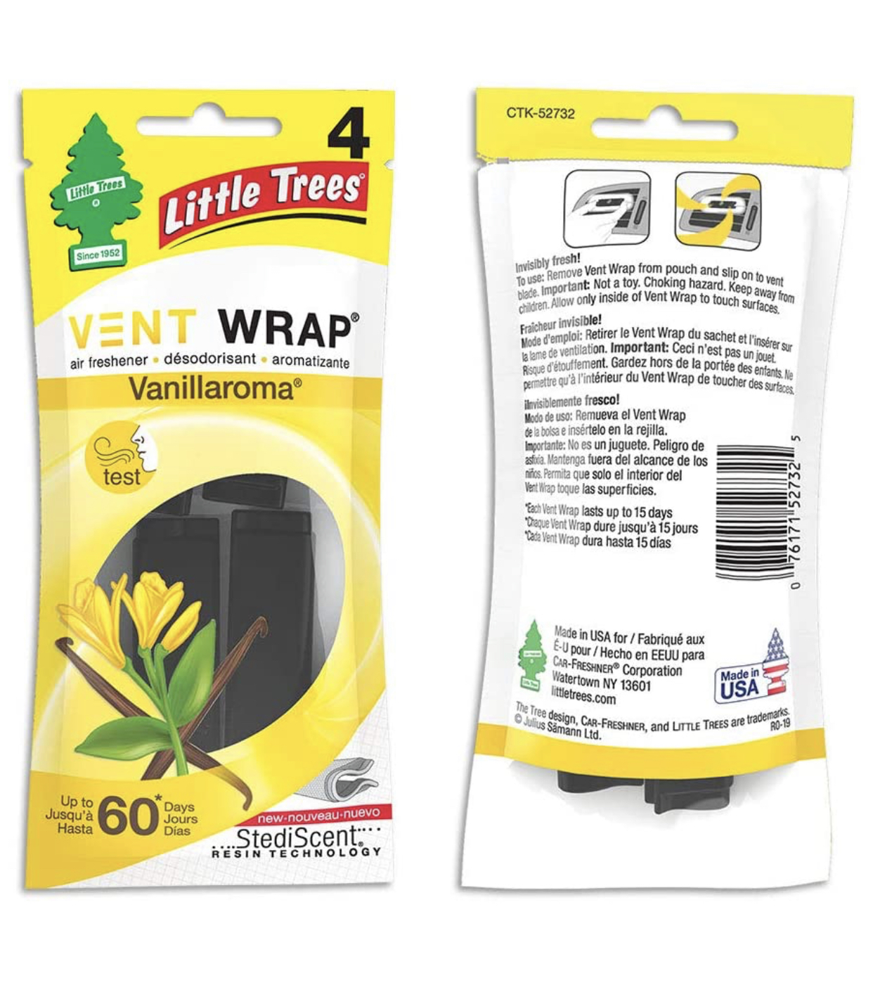Little Trees Vent Wrap แผ่นน้ำหอมปรับอากาศ กลิ่น Vanillaroma (4 ชิ้น)