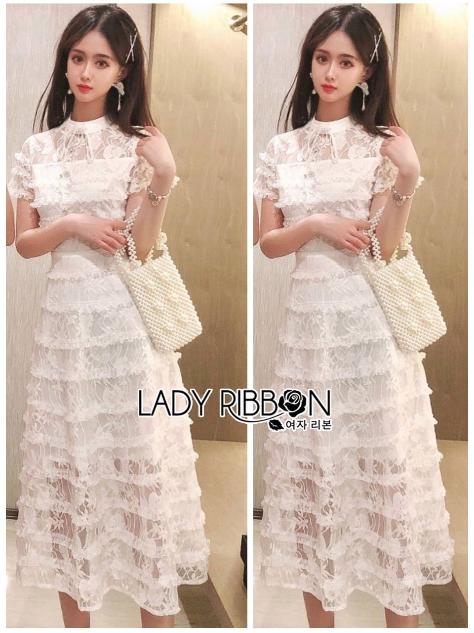 เดรสยาวผ้าลูกไม้ทอลายกุหลาบ ตกแต่งระบายวินเทจ ลุคนี้ เป็นสไตล์สาวหวานกลิ่นอายเฟมินีน เป็นผ้าลูกไม้นิ่ม ทรงแขนสั้น แต่งระบายเป็นชั้นๆทั้งตัวไม้สีขาวทอเป็นลายดอกกุหลาบสวยมากๆค่ะ
