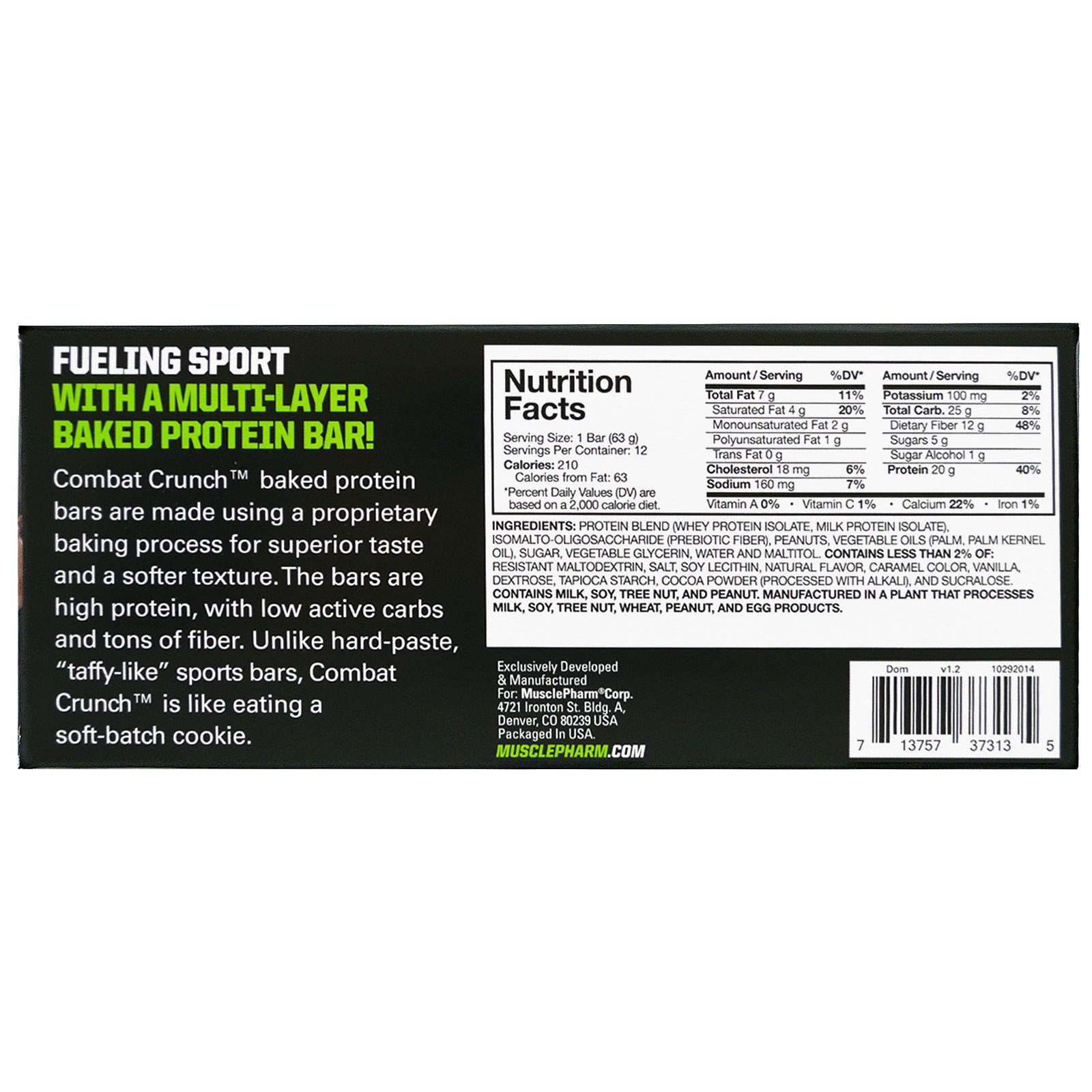 MusclePharm, Combat Crunch Bar, Chocolate Peanut Butter Cup, 12 Bars, 63 g Each