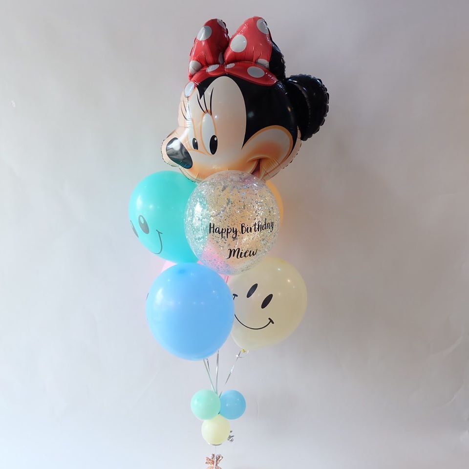 ช่อ Minnie mouse 7ลูก1ช่อ (หัวมินนี่ขนาดกลาง 1ใบ + กลิตเตอร์ 1ใบ + ลายหน้ายิ้ม 5ใบ)