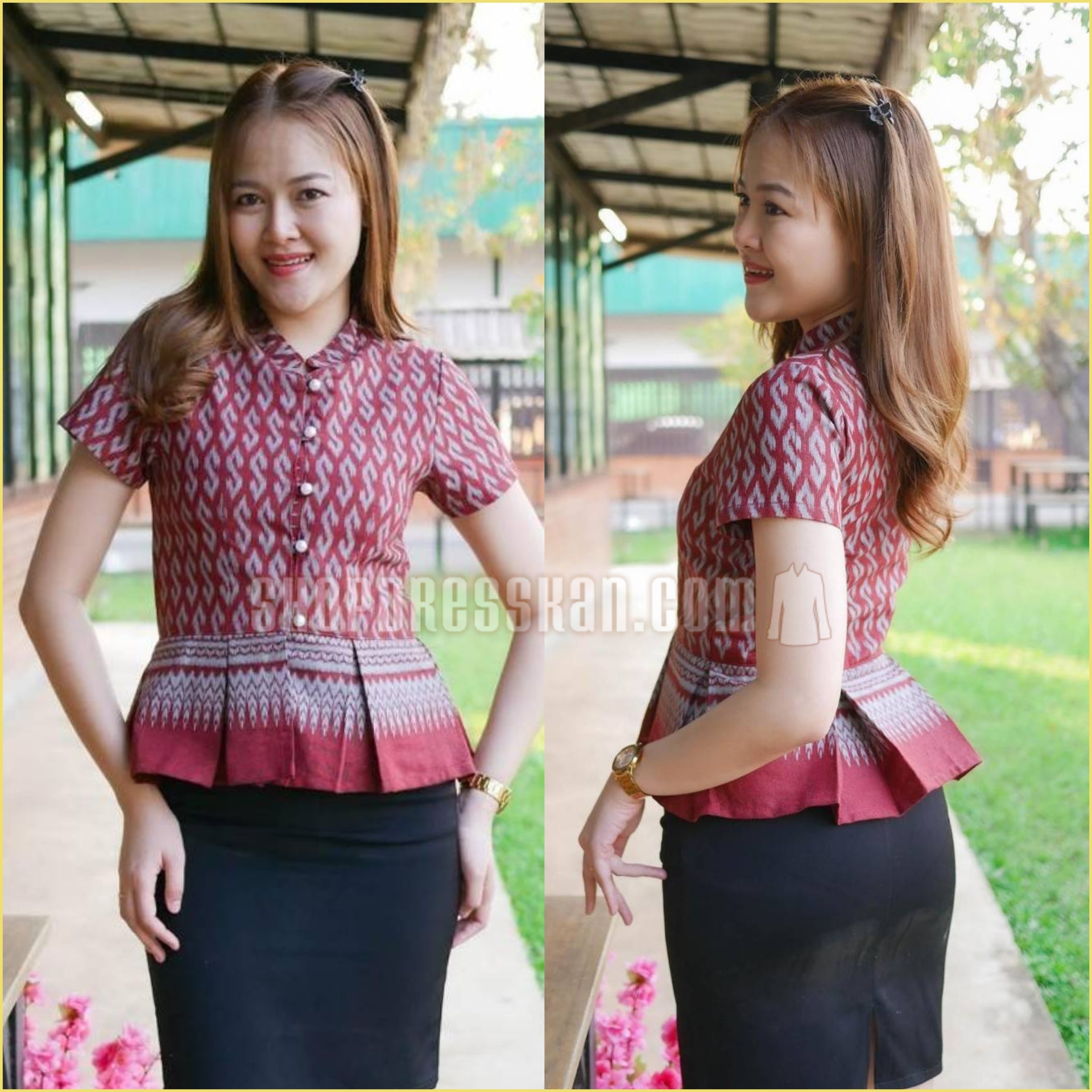 👚พร้อมส่ง: [ S-M-L-XL-2XL-3XL-4XL-5XL ] :: เสื้อผ้าฝ้ายเปลือกไม้พิมพ์ลายไทยขอสีทูโทน ดีเทลคอจีน กระดุมมุก เอวระบายจีบทวิส จะใส่แมทกับกระโปรงหรือกางเกง ก็ดูสวย