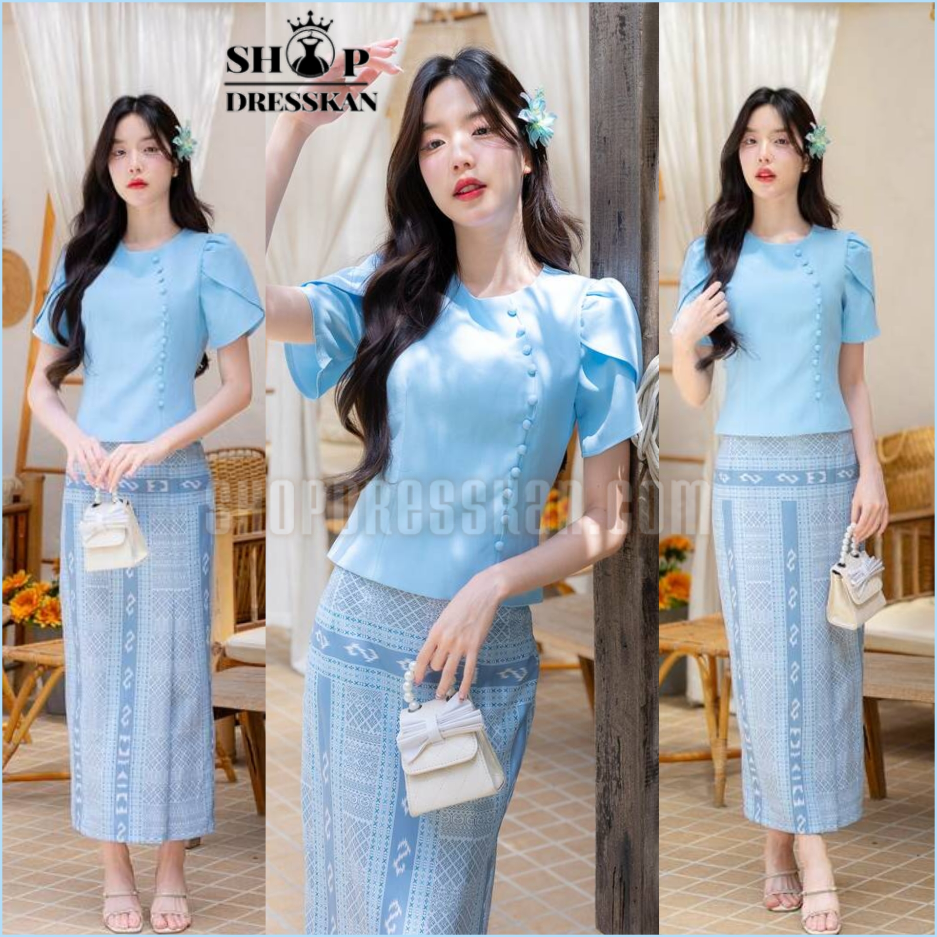 ❌หมดค่ะ❌⭐ขุดเดรสผ้าไทยประยุกต์งานป้ายคุณภาพ :: [ S-M-L-XL ] ::.เซ็ต 2 ชิ้น ผ้าไหมแกมฝ้าย ตัวเสื้อสีพื้นแขนกลีบบัว แมทเข้ากับกระโปรงยาวลายไทยผ่าหลัง ใส่สวยพรางหุ่น ซิปหลัง บุซับใน ใส่ออกงานสวยๆ