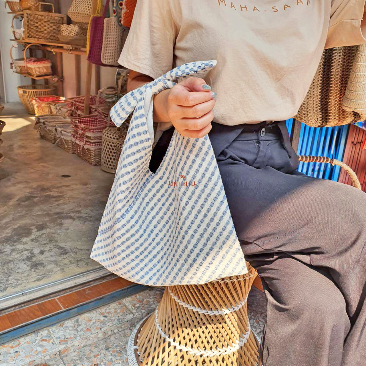 กระเป๋าผ้า ถุงผ้า แฟชั่น คล้องแขน แต่งโบว์ คละสี 🎀